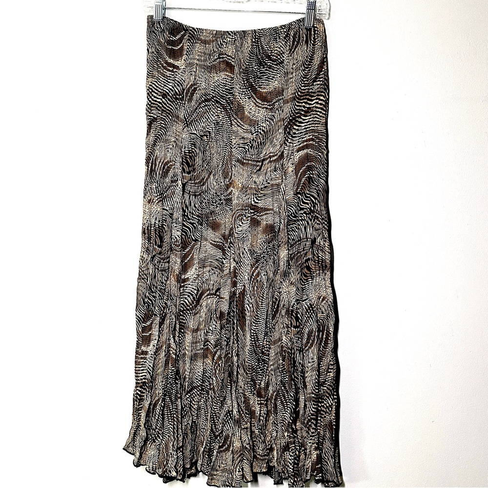 Vintage Pleated Crinkled Black & Brown Maxi Skirt Abstract Animal Print